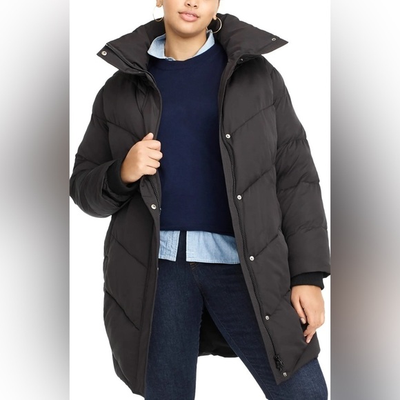 NWT Universal Standard for J. Crew Chevron Black Puffer Coat - Picture 1 of 12